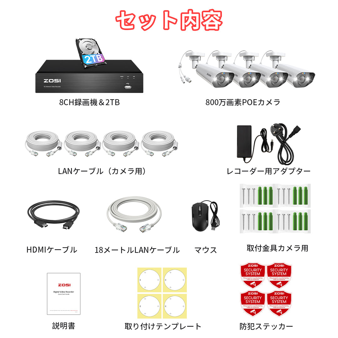 POE防犯カメラ400万画素8台 NVR セット新品　新革命 ZOSI 4k poe防犯カメラセット8台4台 800万画素 poe給電8台 poe