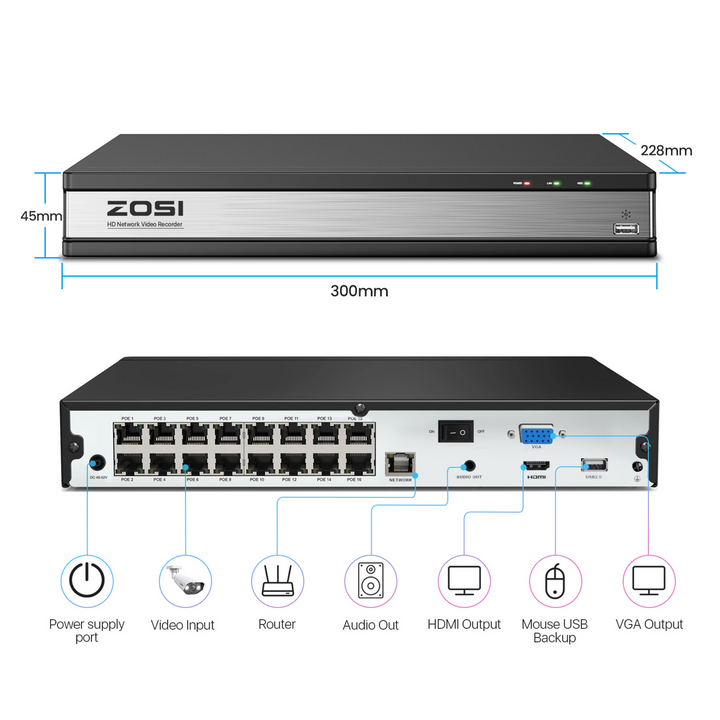 防犯カメラ用レコーダー 16チャンネル 4K 800万画素 PoE NVR 監視